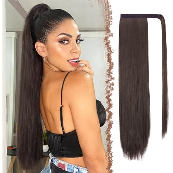 FESHFEN Proste Przedłużanie Kucyka - Clip in Długie Koński Ogon Włosy Przedłużania dla Kobiet Syntetyczne Końskiego Ogona z Klipsem Ponytail Extension, 60 cm Ciemny Brąz