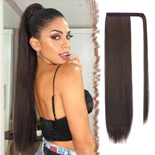 FESHFEN Posticci per capelli Extension Coda Di Cavallo Capelli Marrone Scuro Lunga Estensione Capelli Sintetici Coda Capelli Extensions per Donna 60cm, 125g