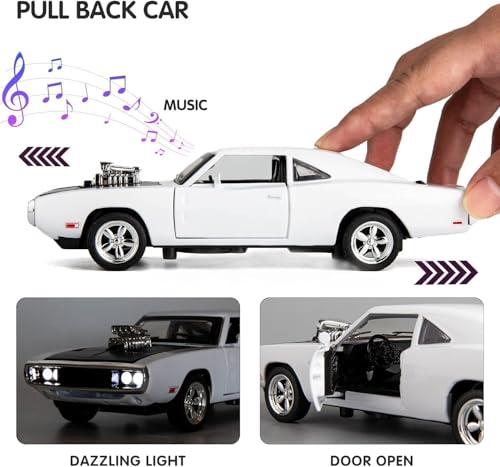 Image of Alokik Enterprise 1:24 Big Fast and Furious 7 Dodge Charger 1970 Diecast Model Metal Pull-Back Car with Sound & Light and 4 Opening Doors Kids' Best Toy Vehicle Gift【White】