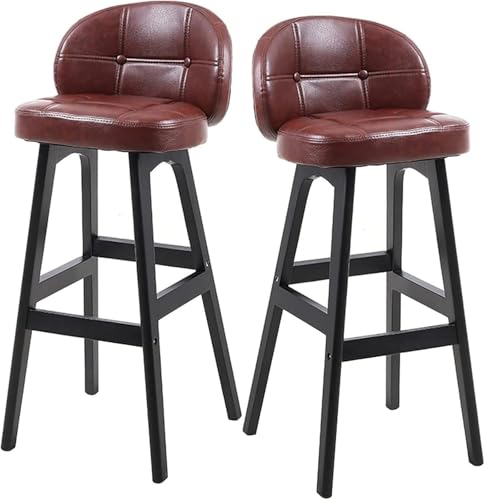 WWERTYY Juego de 2 taburetes de Cocina industriales Modernos de Cuero sintético marrón con Respaldo y reposapiés, diseño sin Brazos, Patas de Madera, Elegante Silla de Bar para decoración