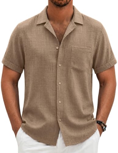 COOFANDY Mens Button Down Shirts Short Sleeve Linen Vacation Shirt Summer Beach Shirts (Khaki, 3X-Large)