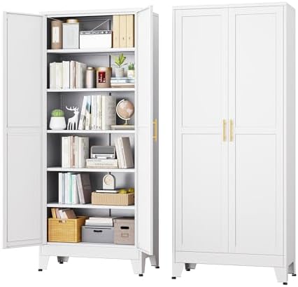 White Metal Storage Cabinet,75" Steel Cabinets for Home Office, K...