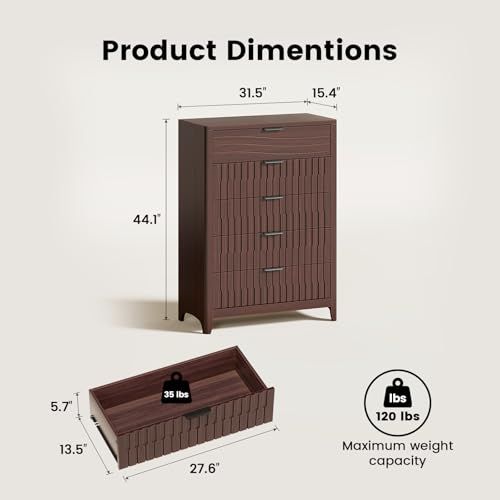 Image of Fluted 5 Drawers Dresser for Bedroom, 44'' Tall Wooden Chest of Drawers with Metal Handles, Modern Dresser TV Stand, Wood Clothing Storage Organizer for Living Room, Entryway, Walnut