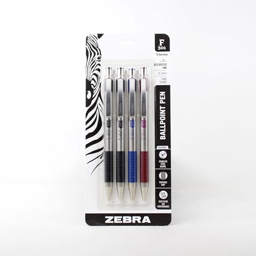 Zebra Pen. F-301 Ballpoint Stainless Steel Retractable Pen, Fine Point, 0.7mm, Assorted Ink, 4-Count: Black, Blue, Green, Red
