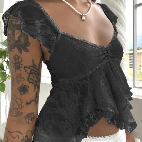 Women Y2k Lace Going Out Crop Top Summer Cap Sleeve Sheer Shirt Tanks Babydoll Tops Coquette Clothes2