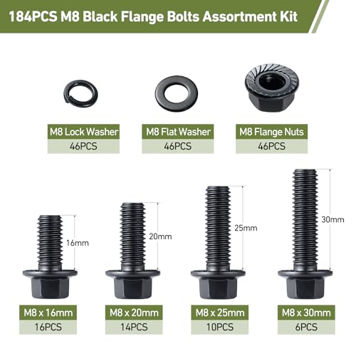 SVLING M8-1.25 Bolt Flange Head Bolts Assortment Kit,184Pcs Metric Bolts and Nuts Kit Serrated Flange Nuts Washers,10.9 Alloy Steel Black Zinc Plated(M8x16/20/25/30mm) by SVLING - Image 4