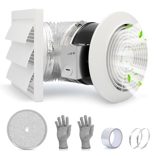 EJVFN 512M Bathroom Exhaust Fan, 6 Inch Wall Mounted Kitchen Exhaust Fan with White Grille, 80 CFM 4.0 Sones, 15-Inch Retractable Duct, Garage Fan, Bathroom Fan, Attic Fan