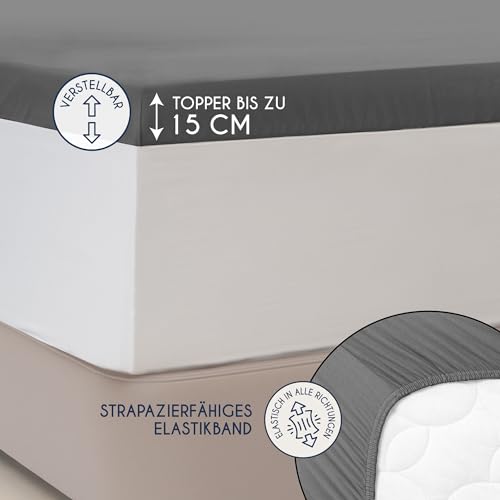 Dreamzie Premium Topper Spannbettlaken 180x200 cm - 200x200 cm - extra niedriger Seitenhöhe - für Topper - Topperauflage - Spannbetttuch Jersey Baumwolle, 150 g/m² - Oeko-TEX - Anthrazit 3