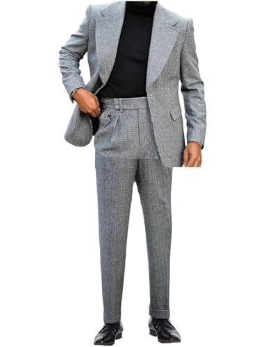 Costume Homme Pied de Poule Veste Col Échancré Pantalon Ensemble Chic Tailleur
