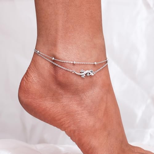 Image of CHIC & ARTSY 925 Sterling Silver Ankle Bracelets for Women, Adjustable Layered Foot Chains with Nature & Symbol Charms, Lightweight Comfort Fit Boho Beach Everyday Jewelry