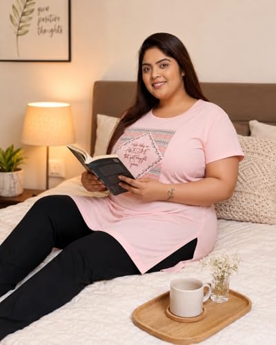 Image of In Love Women Cotton Regular Fit Plus Size Long-Line Chest Print T-Shirt with Pocket