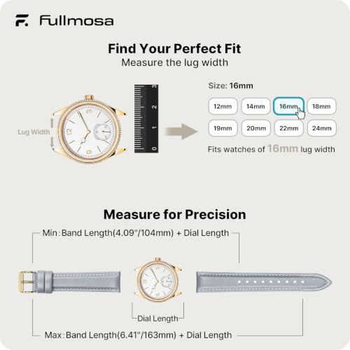 Image of Fullmosa 16mm Quick Release Leather Watch Band | Traditional Smartwatch Replacement Strap for Women Formal Daily Commute, Light Gray&Golden Buckle