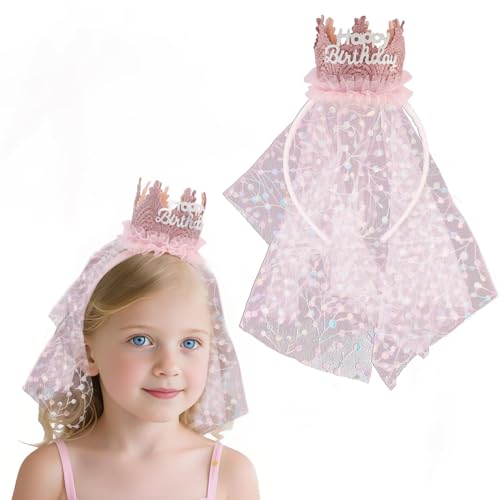 CUBACO Birthday Headband for Girls, Birthday Party Hair Accessory Crown with Veil for Girls, Princess Tiara Hair Band Cute Outfit Party Decorations-Pink