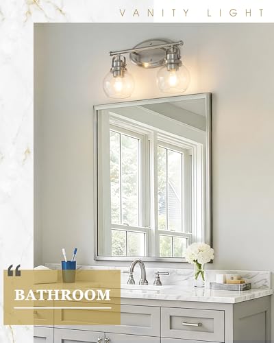 Image of Bathroom Light Fixtures, 2-Light 14 inch Brushed Nickel Vanity Lights with Clear Globe Glass Shades, Farmhouse Vintage Vanity Lighting Fixtures Over Mirror, E26 Base, AD-2147-2W-SN