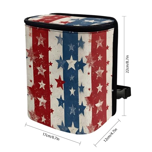 Image of Talayituse American Flag Star Print Car Trash Can Portable Auto Garbage Bin Multifunctional Vehicle Interior Accessories with Adjustable Straps 4th of July Decor Universal Fit Truck SUV Sedan