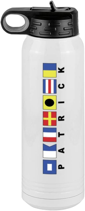 Just So Posh Personalized Nautical Flags Water Bottle, Gift for Dad, White 30 oz Polar Camel with Straw Lid, Stainless Steel, Vacuum Insulated