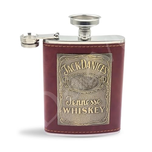 Image of Stainless Steel Hip Flask for Men & Women 8oz (236ml) - Whisky Flask Vodka Alcoholic Liquor Holder with Funnel Drinks Pocket Carrying Case - Leakproof Travel Flasks for Drinks, (Brown No.2)