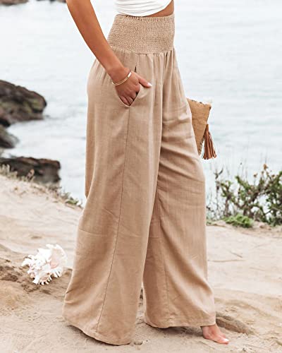 Women Linen Pants Elastic High Waist Wide Leg Palazzo Lounge Pants Casual Loose Beach Pants with Pockets4
