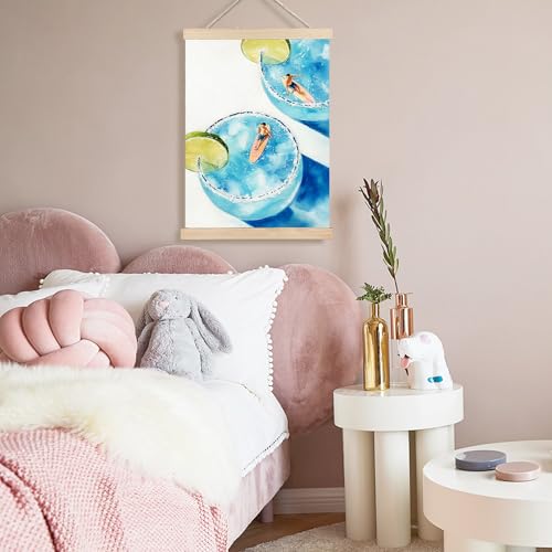 Image of PQKIY Trendy Coastal Cocktail Surf Wall Art Poster Hanger Frame 12x16 in, Whimsical Summer Blue Margarita Beach Aesthetic Wall Decor Canvas Prints for Beach Room Home Bar Dorm Apartment