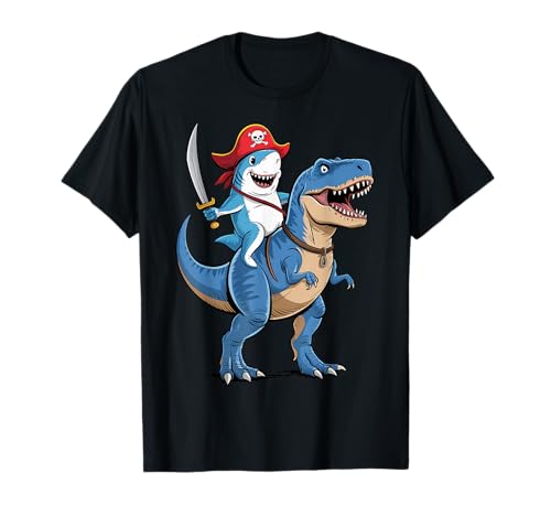 Shark Riding Dinosaur T Rex Pirate Funny Gifts For Boy Kids T-Shirt