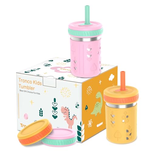 Tronco [2 Pack] 10 oz 2-in-1 Stainless Steel Kids Tumbler Cups with Silicone Sleeves Spill-Resistant Flexible Straws & Storage Lids BPA-Free Smoothie and Snack Cups Dishwasher Safe