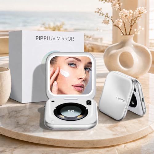 inewme Smart UV Camera Mirror with UV Index & Humidity Sensor Portable Travel Makeup Mirror for Sunscreen Check 3 Inch LED Lighted Compact Mirror with Screen Tech Gift