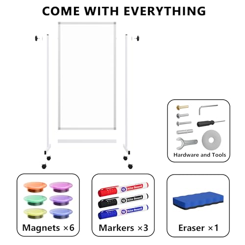 Image of Large Rolling Whiteboard on Wheels, 48 inch x 24 inch Height Adjustable Mobile White Board with Stand, 4' x 2' Portable Standing Magnetic Dry Erase Board Easel for Home Office Classroom School, Silver