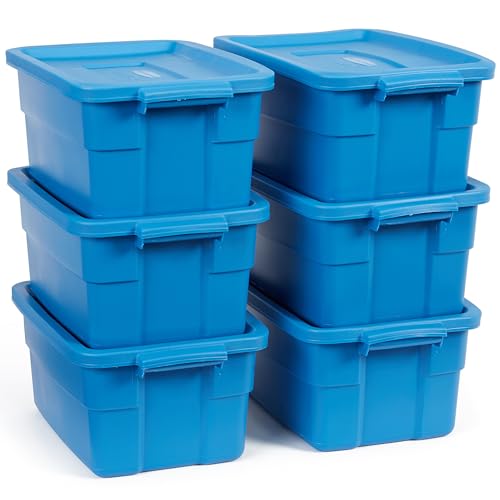 Rubbermaid Roughneck️ 3 Gallon Storage Totes, Pack of 6, Durable Stackable Storage Containers with Lids, Nestable Plastic Storage Bins for Accessories, Office Supplies, Tool Storage, Heritage Blue