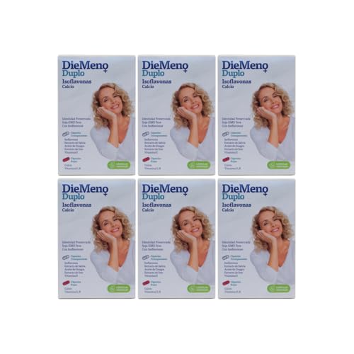 Diemeno Duplo - Isoflavonas Calcio, Complemento Alimenticio, Cápsulas Entéricas ricas en isoflavonas con Calcio, Aliviar Síntomas de la Menopausia, 30+30 Cápsulas Día - Pack 6 Unidades de 60 Cápsulas