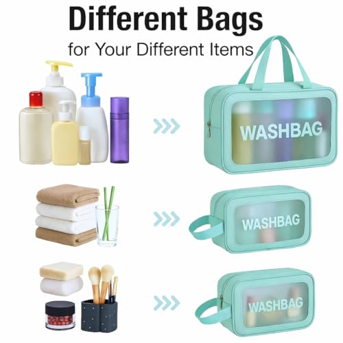 Image of FLYNGO Clear Makeup Pouch Set of 3 Teal, Cosmetic Organizer Bag for Women and Girls Travel Waterproof Toiletry Storage Kit