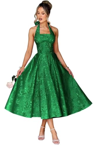 Plus Size Prom Dresses Tea Length Floral Jacquard Satin Halter Square Neck Bridal Party Gowns 2026 Corset Backless Aline Pageant Gown Size 28 Green