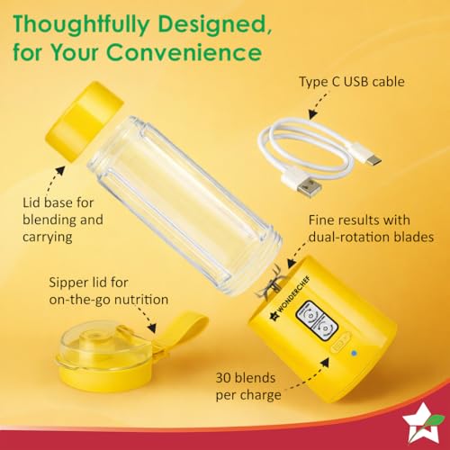 Image of Wonderchef Twister Portable Blender, 500ml, Dual-rotation Stainless-steel Blades, For Crushing Ice, Smoothies, Shakes, Salad Dressings, For Backpacks /Office Bags, Type-c Charge, 1-Yr Warranty, Yellow