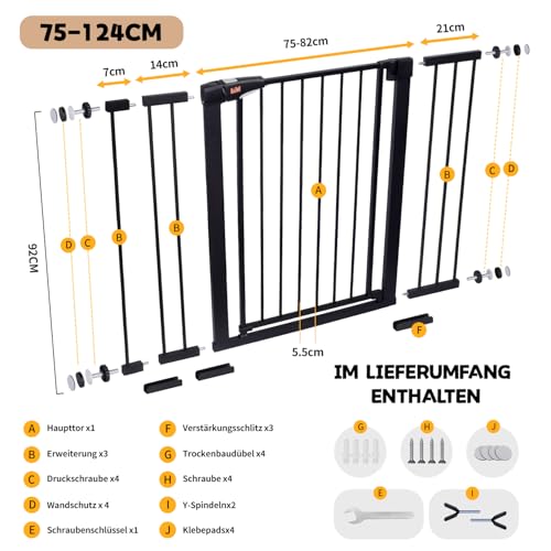 LAOYE Treppenschutzgitter ohne Bohren, Extra Hoch 92 cm Höhe, 75-124 cm Breite, Türgitter Baby mit 3 Verlängerungen, für Kinder, Hunde und Katzen, Auto-Close & 90° Stopp - Schwarz