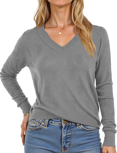 Image of Buauty Womens Fashion V Neck Long Sleeve Knitted Ribbed Pullover Sweaters Casual Lightweight Loose Fit Jumper Tops