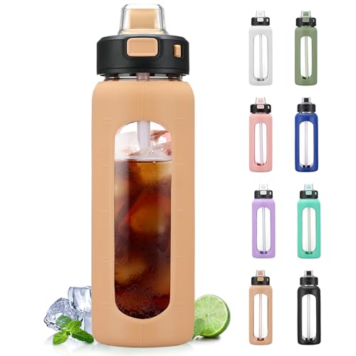 BLUEGO 700ml Bottiglia d'acqua in vetro con manico e cannuccia con manicotto in silicone per sport da palestra all'aperto Bottiglia d'acqua motivazionale a prova di perdite, Colore