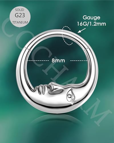 COCHARM Moon Face G23 Solid Titanium Septum Ring 16G Silver Septum Jewelry Dainty Helix Daith Earrings for Women Daith Piercing Jewelry 8/10MM3