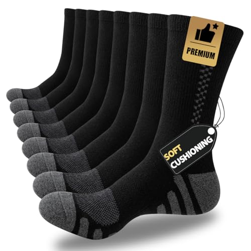 JOYNE 8 Pairs Mens Crew Athletic Work Long Socks Calf Cushioned Socks for Sports Running Workout Gym Black Sock Size:10-13