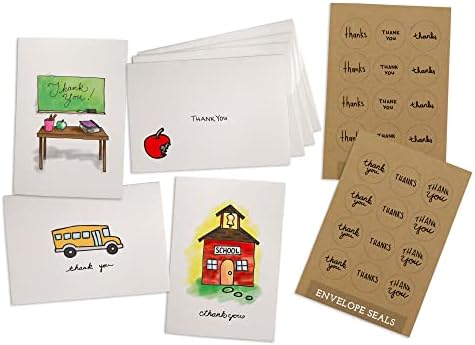 School Thank You Cards - 24 Note Cards & Envelopes with Kraft Sticker Seals