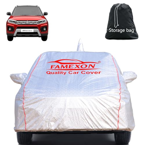 Image of Full Body Car Cover for Maruti Suzuki Brezza with Mirror and Antena Pocket Triple Stiched(Silver with Red Piping)