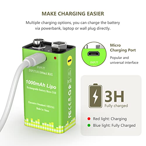 9V Rechargeable Battery Pack,2-Pack 1000Mah Li-Ion Usb Battery With Micro Usb Port For Alarms Fire, Multimeters,Wireless Microphones,Smoke Detectors,Toys,Flashlights,Guitar,Keyboard,Metal Detectors #TOP1