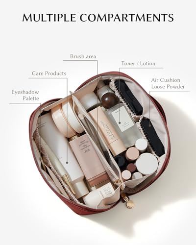 Image of EACHY Travel Makeup Bag, Large Capacity Cosmetic Bag for Women, Waterproof PU Leather, Flat Open Portable Toiletry Bag for Skincare, Brushes & Travel Essentials
