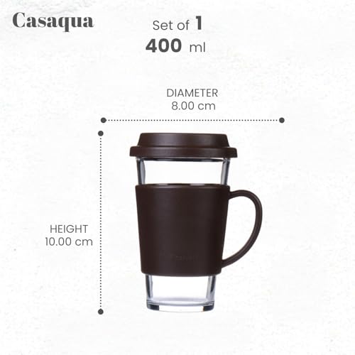 Image of Glass Coffee Travel Mug with Silicone Sleeve & Lid - 400ml, Set of 1, Reusable Clear Glass Coffee Cup with Handle, Leak-Resistant Portable Tea Mug for Hot & Cold Drinks, Office & Home