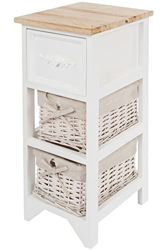 Commode vintage en bois blanc avec 2 paniers en rotin - 62 x 32 cm - Étagère sur pied avec tiroir de style maison de campagne - Étagère autonome pour salle de bain, salon, véranda