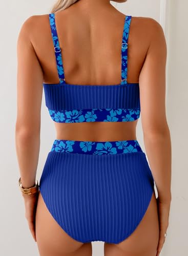 Image of Herseas Women's Textured Bikini Sets Floral Print Trim Scoop Neck Swimsuits High Waisted Bathing Suits