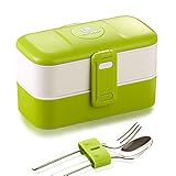 ProAid Leakproof Bento Box with Silverware 2 Layers Design Lunch Box ,FDA Approved,Safe for Microwave Fridge and Dishwasher,Green