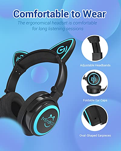 Mindkoo Cat Ear Bluetooth Headphones With Microphone, Led Light Up Over Ear Headphones, Volume Control And Foldable Headset For Tablet/Pc/Ipad/Cell Phones, Gift For Kids Boys & Girls #TOP3