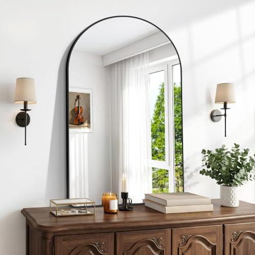 Image of BONEWEI Arched Wall Mirror,30x45 inch Black Arched Mirror Bathroom,Vanity Mirror for Over Sink Metal Frame,Tempered Glass Arch Mirrors for Bedroom,Entryway,Living Room,Home Decor Shatter-Proof