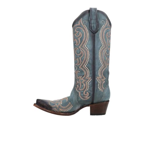 Image of Corral Boots Womens Blue Jean Embroidered Snip Toe Casual Boots Mid Calf Mid Heel 2-3 inch - Blue