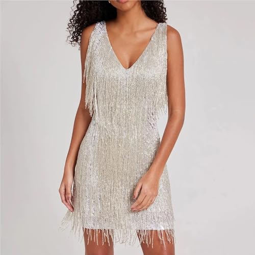 Women's Backless Sequins Evening Dress Elegant Tight Tassels Sleeveless Mini4