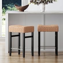 Nathan James Harvey Rattan Bar Stool, Bohemian Counter Height Stool with Woven Seagrass Seat, Solid Wood Legs, and Metal Footrest Seagrass/Brushed Black, Set of 2